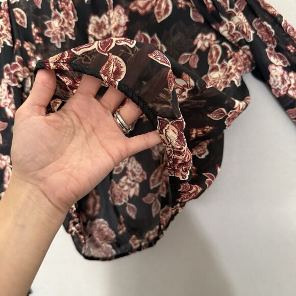 NY&Co Sheer Floral Blouse Medium Front Back Tie Neck  Fall Tones Ruched Sleeves - Picture 8 of 15